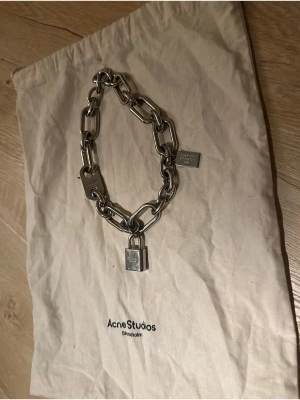 Acne Studio Logo Padlock Chain Necklace Link Charm Vintage Silver
